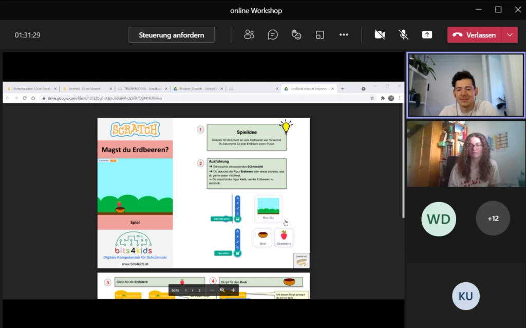 Online-Workshop für Kinder zum Programmieren mit Scratch, Bildschirmansicht mit Lehrkräften und Teilnehmern - bits4kids